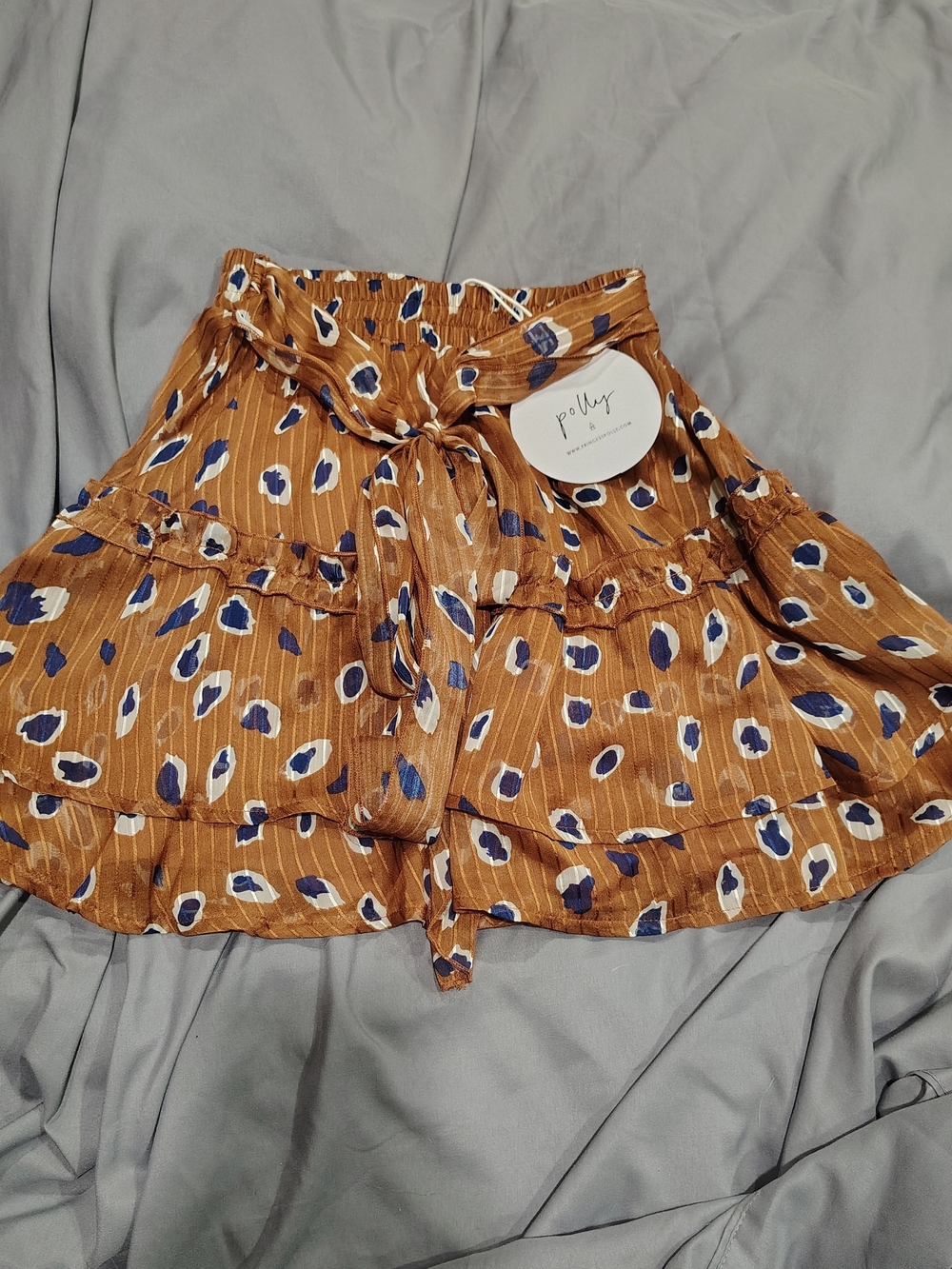 Princess Polly Rust Brown Floral Tiered Skater Skirt with Navy & Cream Spots